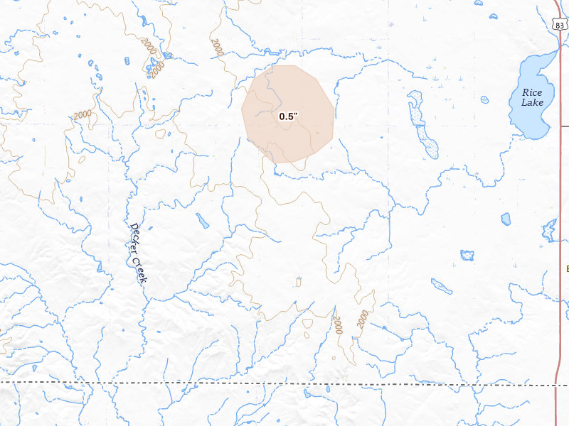 Radar-estimated hail-size map of the storm over Hague, ND on Jul 2, 2026