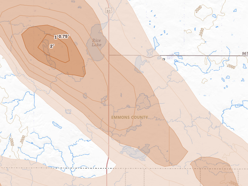Radar-estimated hail-size map of the storm over Hague, ND on Aug 8, 2026