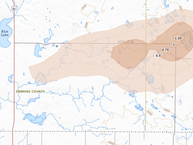 Radar-estimated hail-size map of the storm over Hague, ND on Aug 24, 2026
