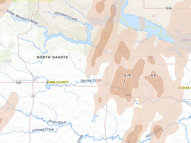 Radar-estimated hail-size map of the storm over Halliday, ND on Jun 7, 2026