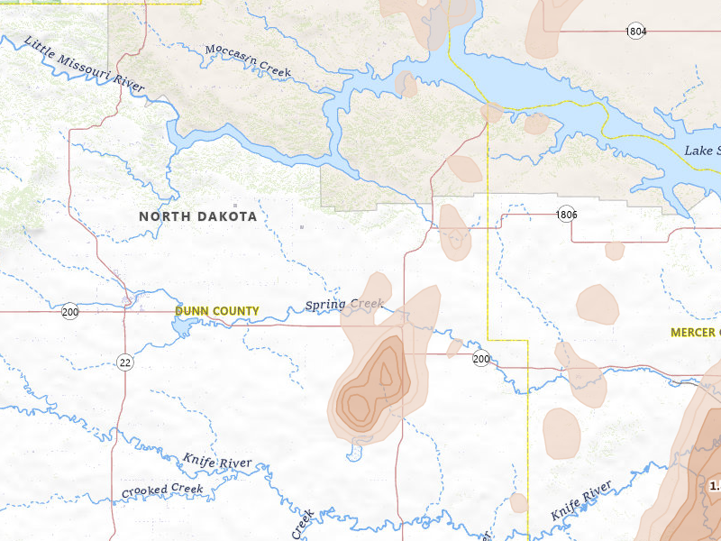 Radar-estimated hail-size map of the storm over Halliday, ND on Jun 9, 2026