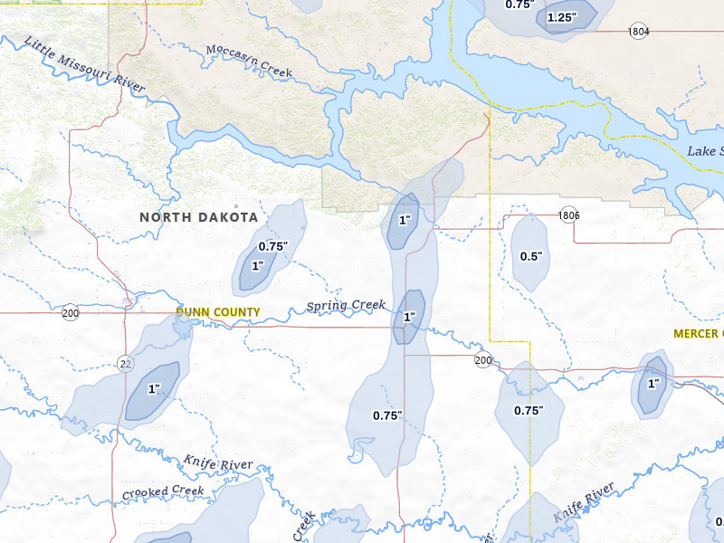NEXRAD radar-signature map of the hail storm over Halliday, ND on Jun 27, 2026
