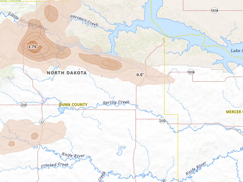 Radar-estimated hail-size map of the storm over Halliday, ND on Jul 5, 2026