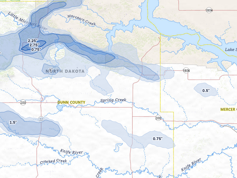 NEXRAD radar-signature map of the hail storm over Halliday, ND on Jul 5, 2026
