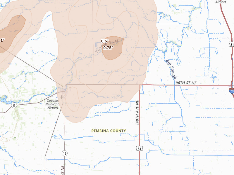 Radar-estimated hail-size map of the storm over Hamilton, ND on Jun 2, 2026