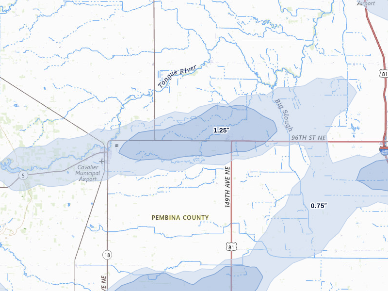 NEXRAD radar-signature map of the hail storm over Hamilton, ND on Jun 28, 2026
