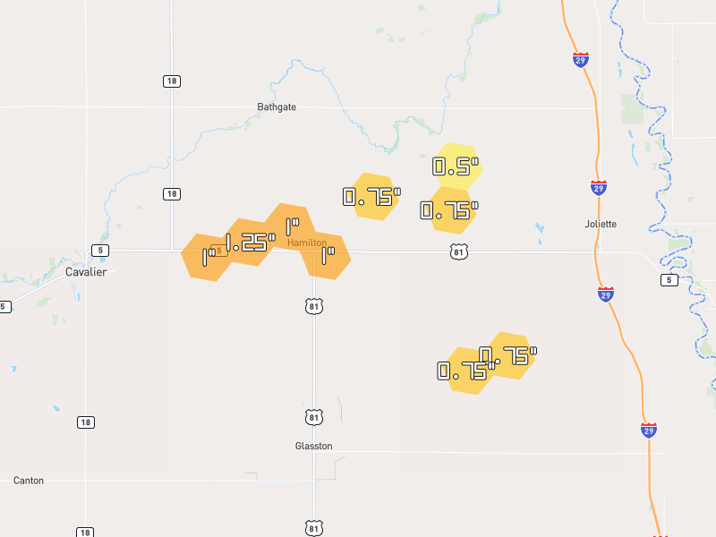 Hail map of Hamilton, ND on Jun 29, 2026, hail up to 1.25"