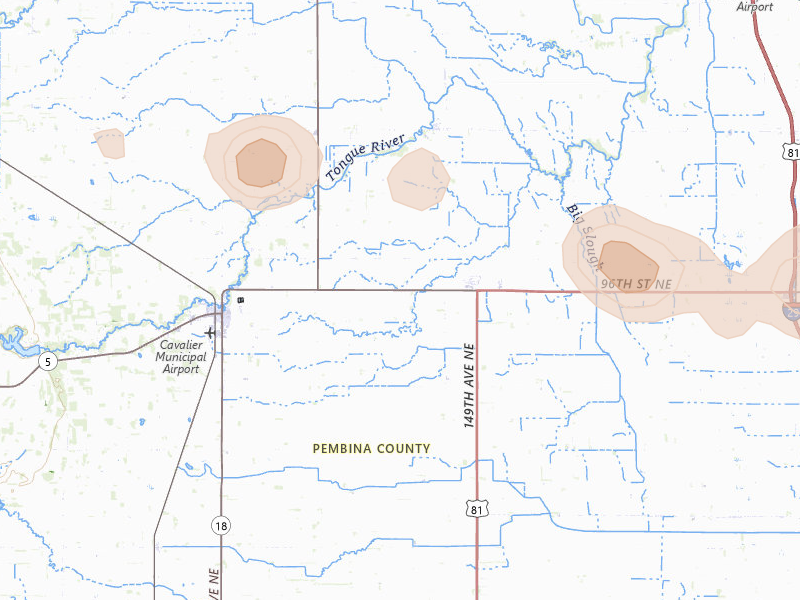 Radar-estimated hail-size map of the storm over Hamilton, ND on Jul 24, 2026