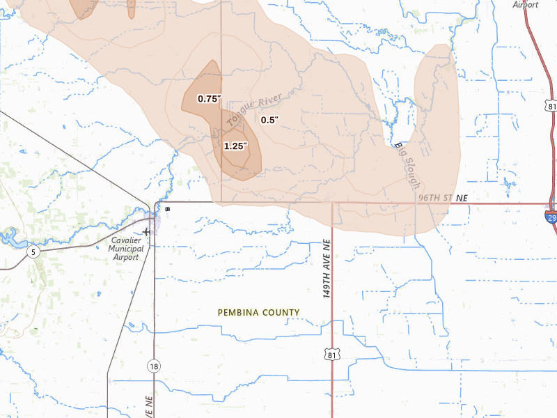 Radar-estimated hail-size map of the storm over Hamilton, ND on Jul 26, 2026