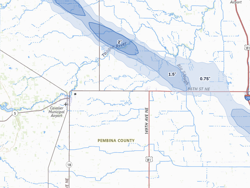 NEXRAD radar-signature map of the hail storm over Hamilton, ND on Jul 26, 2026