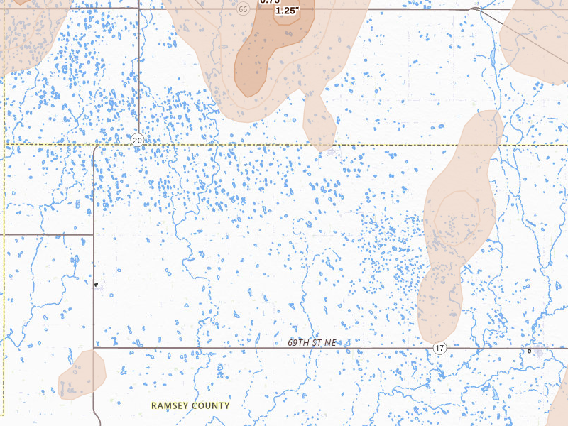 Radar-estimated hail-size map of the storm over Hampden, ND on Jun 2, 2026