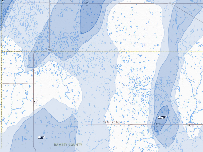 NEXRAD radar-signature map of the hail over Hampden, ND
