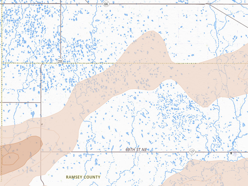 Radar-estimated hail-size map of the storm over Hampden, ND on Jun 28, 2026