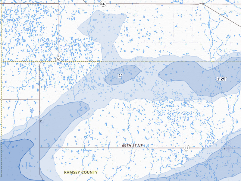 NEXRAD radar-signature map of the hail storm over Hampden, ND on Jun 28, 2026