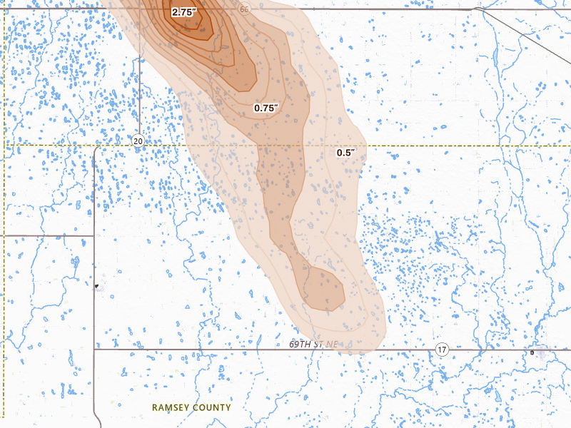 Radar-estimated hail-size map of the storm over Hampden, ND on Jul 9, 2026