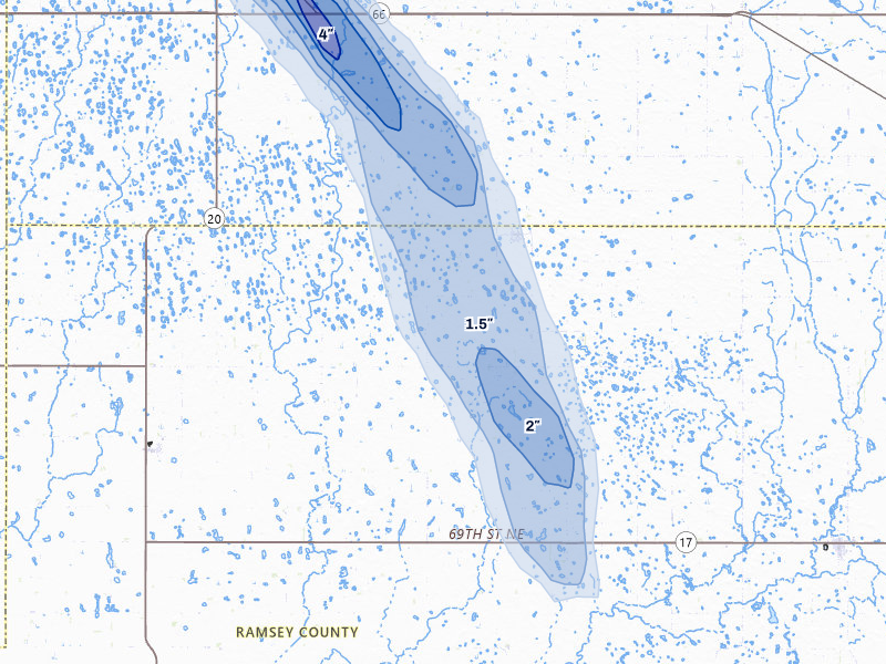 NEXRAD radar-signature map of the hail storm over Hampden, ND on Jul 9, 2026