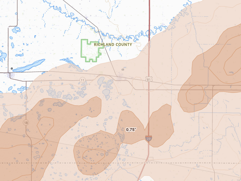 Radar-estimated hail-size map of the storm over Hankinson, ND on Jun 29, 2026