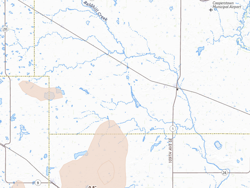 Radar-estimated hail-size map of the storm over Hannaford, ND on Jun 2, 2026