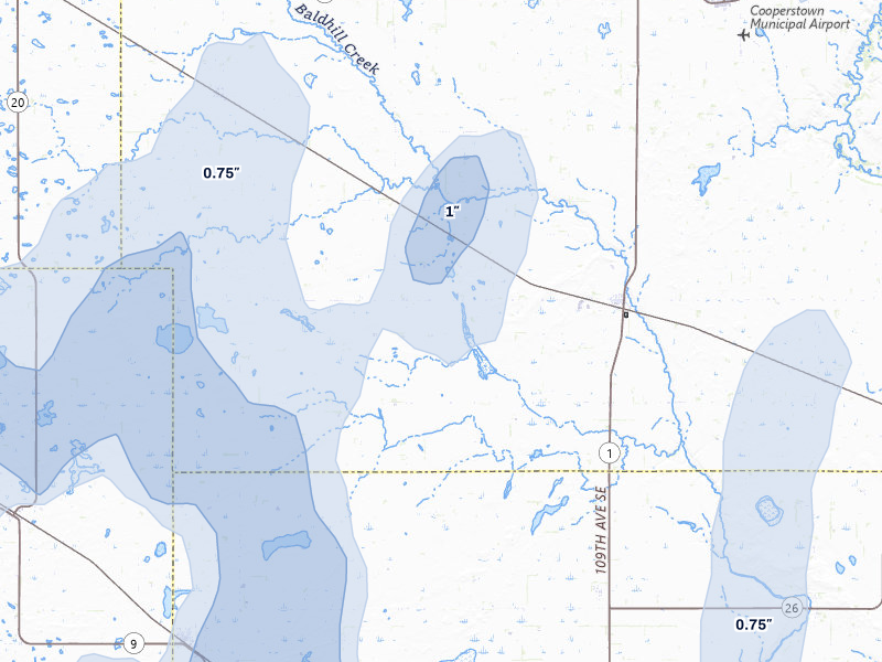 NEXRAD radar-signature map of the hail over Hannaford, ND