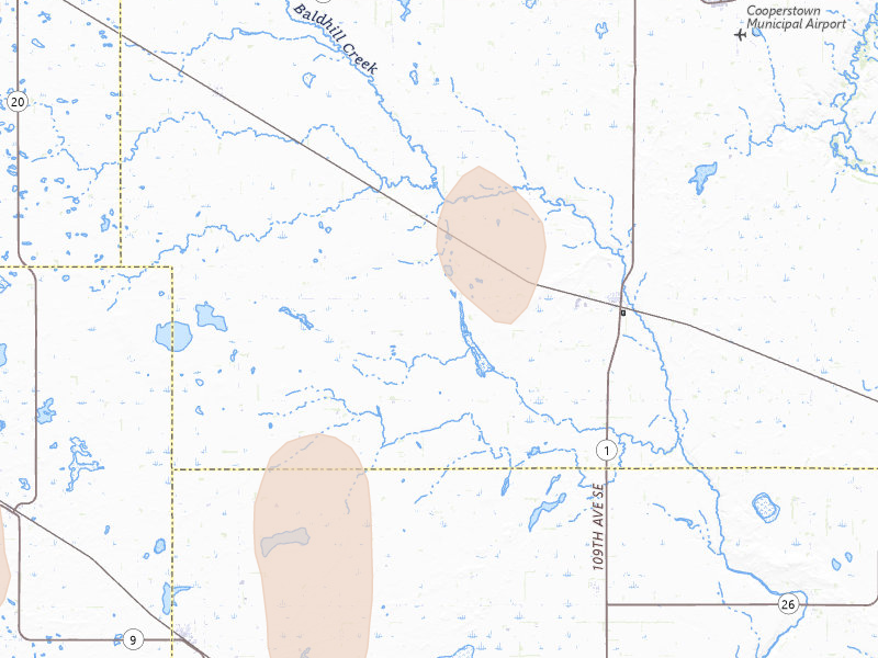 Radar-estimated hail-size map of the storm over Hannaford, ND on Jun 9, 2026