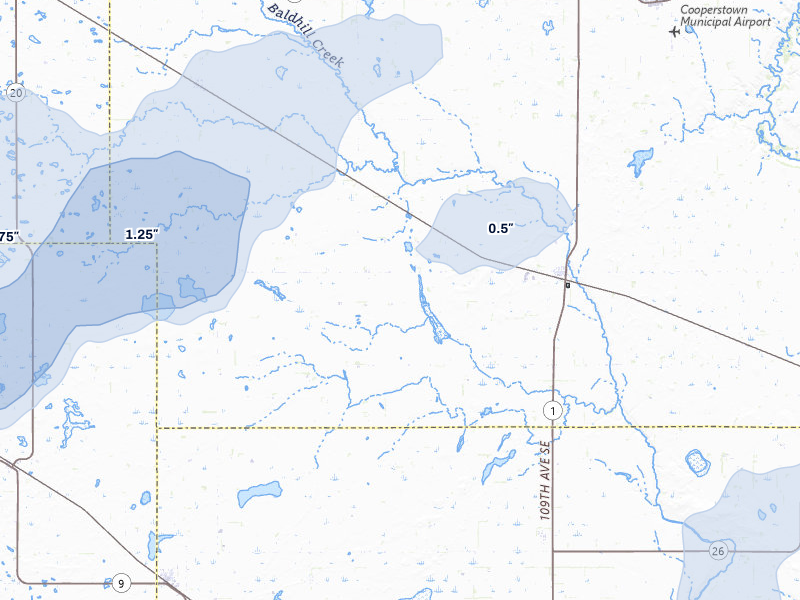 NEXRAD radar-signature map of the hail storm over Hannaford, ND on Jun 29, 2026