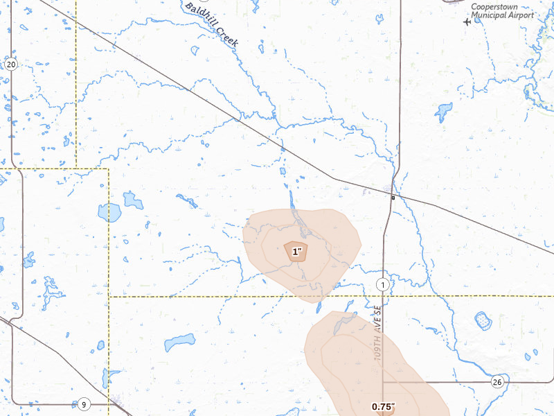 Radar-estimated hail-size map of the storm over Hannaford, ND on Jul 4, 2026