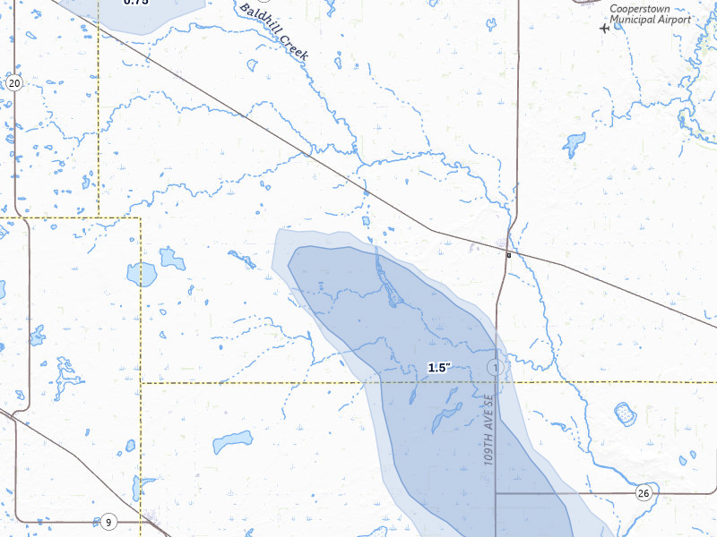NEXRAD radar-signature map of the hail over Hannaford, ND