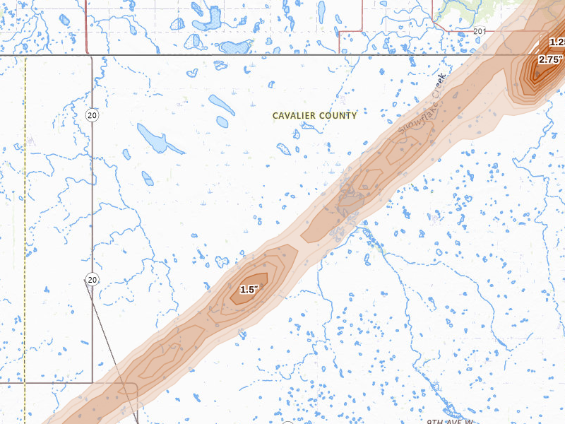 Radar-estimated hail-size map of the storm over Hannah, ND