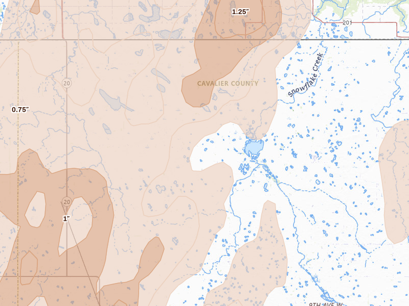 Radar-estimated hail-size map of the storm over Hannah, ND on Jun 2, 2026