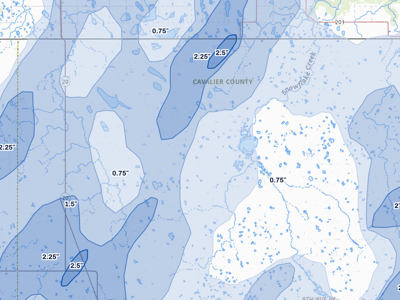NEXRAD radar-signature map of the hail over Hannah, ND