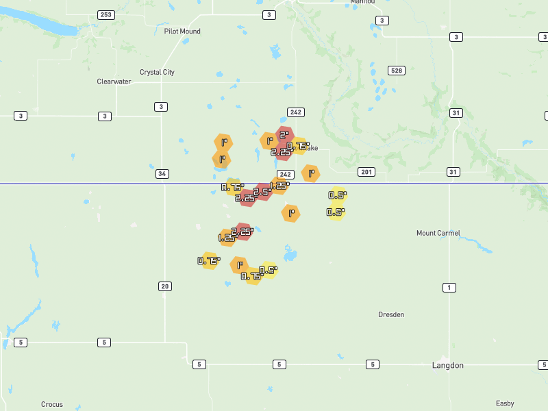 Hail map of Hannah, ND on Jun 2, 2026, hail up to 2.5"