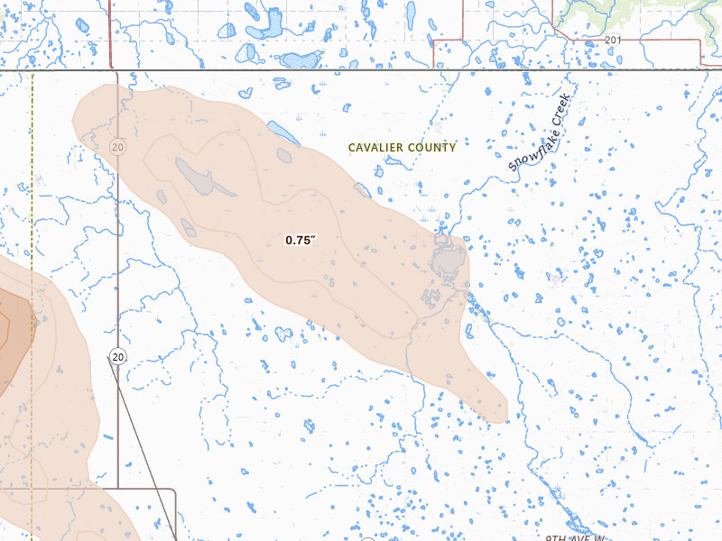 Radar-estimated hail-size map of the storm over Hannah, ND on Jul 9, 2026