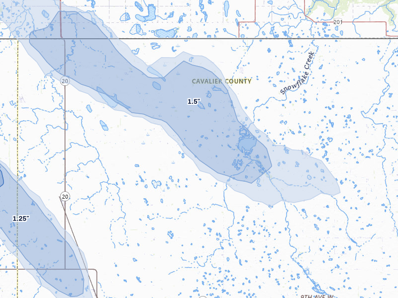 NEXRAD radar-signature map of the hail storm over Hannah, ND on Jul 9, 2026