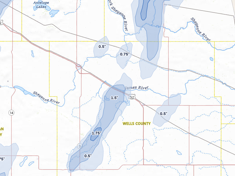 NEXRAD radar-signature map of the hail over Harvey, ND