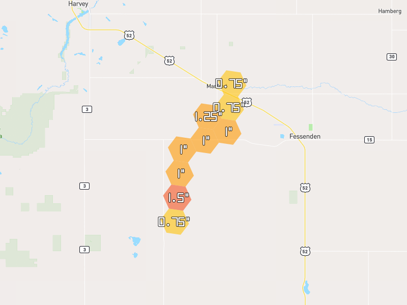 Hail map of Harvey, ND on Jun 2, 2026, hail up to 1.5"