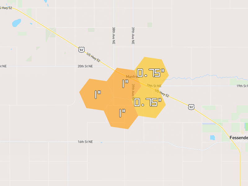Hail map of Harvey, ND on Jun 3, 2026, hail up to 1"
