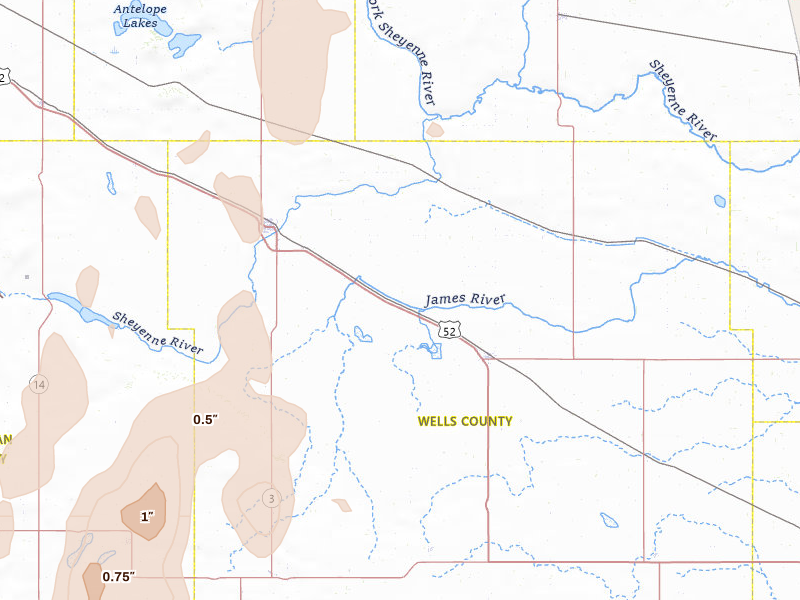 Radar-estimated hail-size map of the storm over Harvey, ND on Jun 9, 2026
