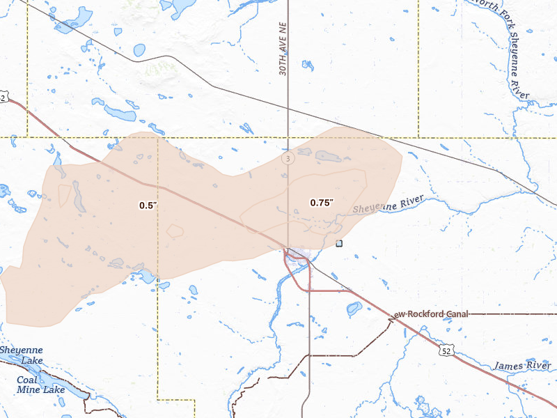 Radar-estimated hail-size map of the storm over Harvey, ND on Jun 28, 2026