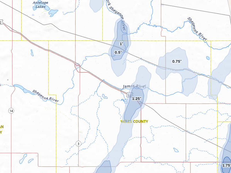 NEXRAD radar-signature map of the hail storm over Harvey, ND on Jun 29, 2026