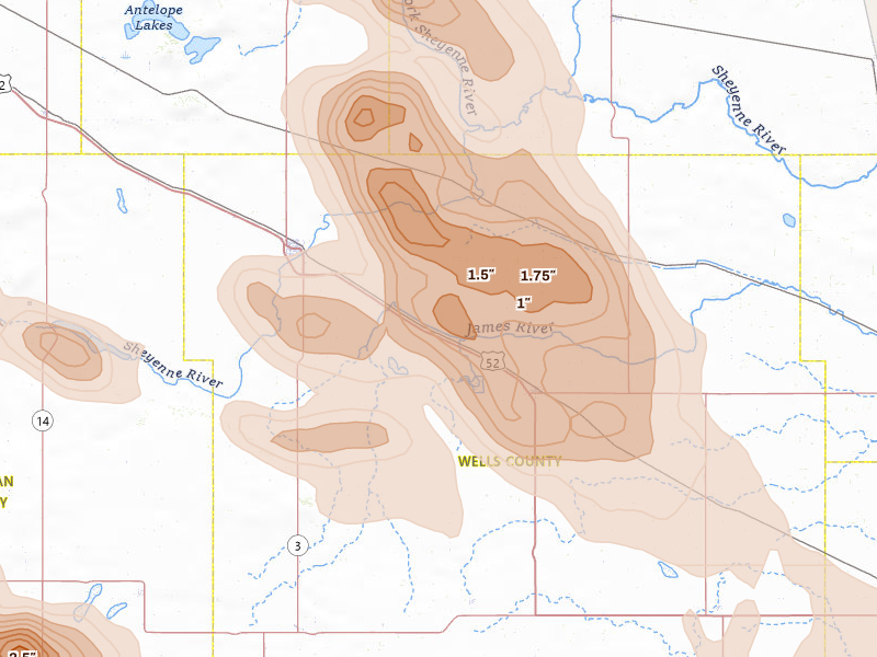 Radar-estimated hail-size map of the storm over Harvey, ND on Jul 9, 2026
