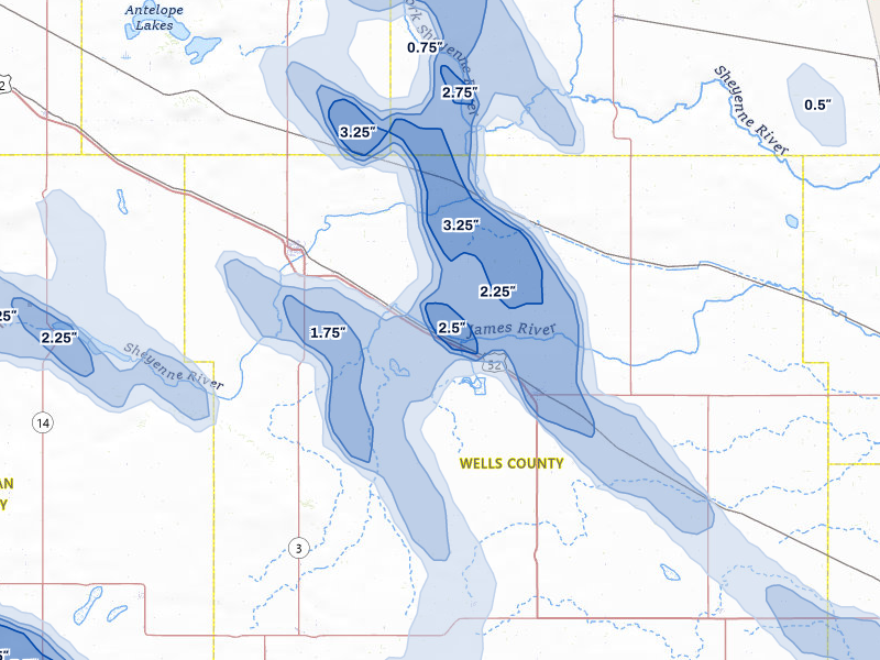 NEXRAD radar-signature map of the hail storm over Harvey, ND on Jul 9, 2026
