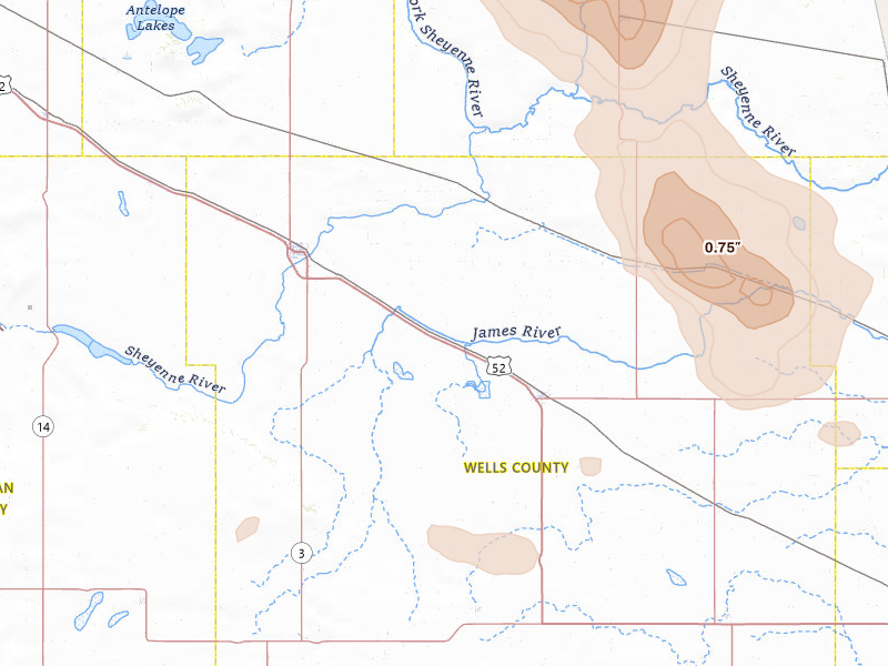 Radar-estimated hail-size map of the storm over Harvey, ND on Jul 16, 2026
