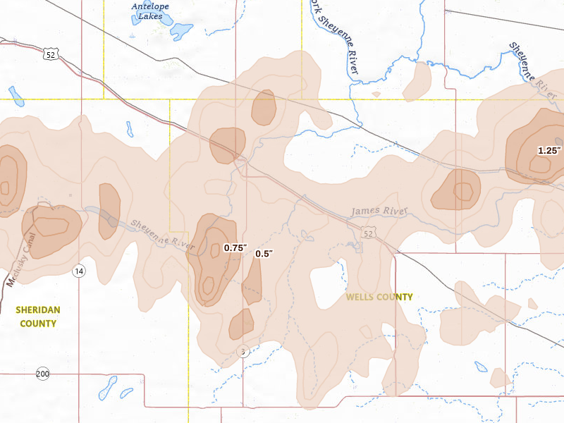 Radar-estimated hail-size map of the storm over Harvey, ND on Sep 3, 2026