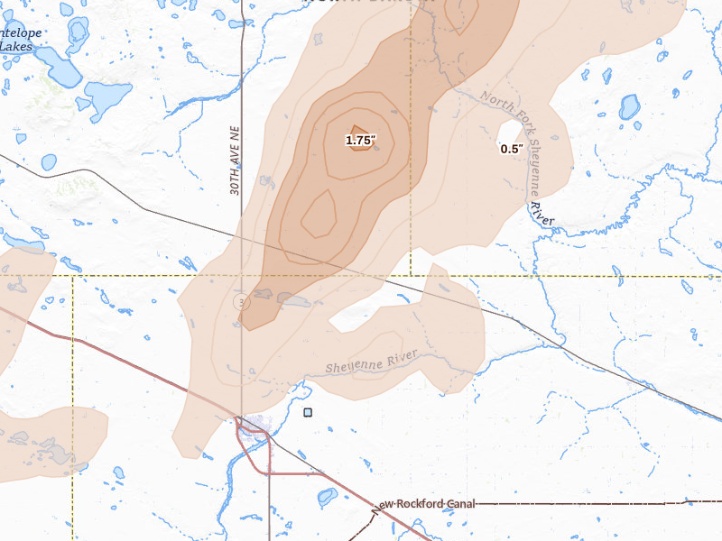 Radar-estimated hail-size map of the storm over Harvey, ND