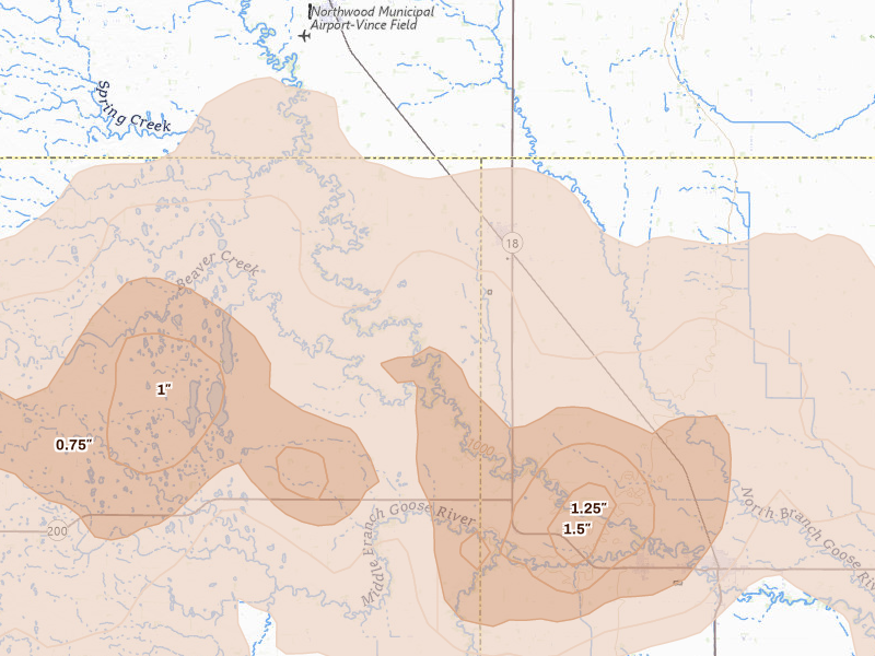 Radar-estimated hail-size map of the storm over Hatton, ND on Sep 3, 2026