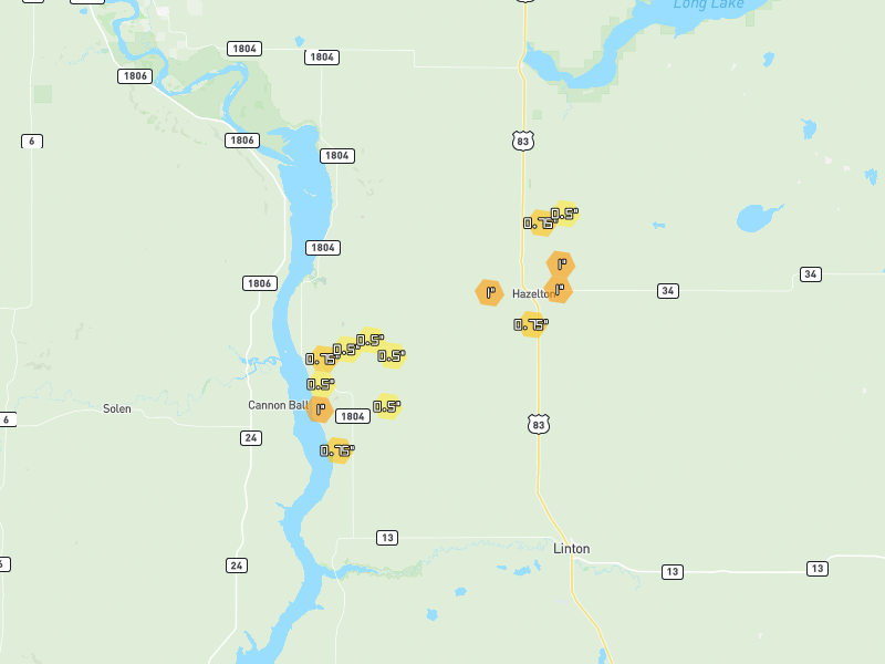 Hail map of Hazelton, ND on Jun 28, 2026, hail up to 1"