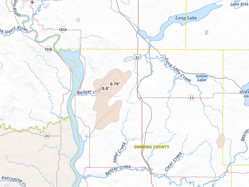 Radar-estimated hail-size map of the storm over Hazelton, ND on Jul 7, 2026
