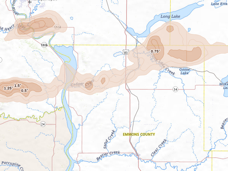 Radar-estimated hail-size map of the storm over Hazelton, ND on Jul 9, 2026