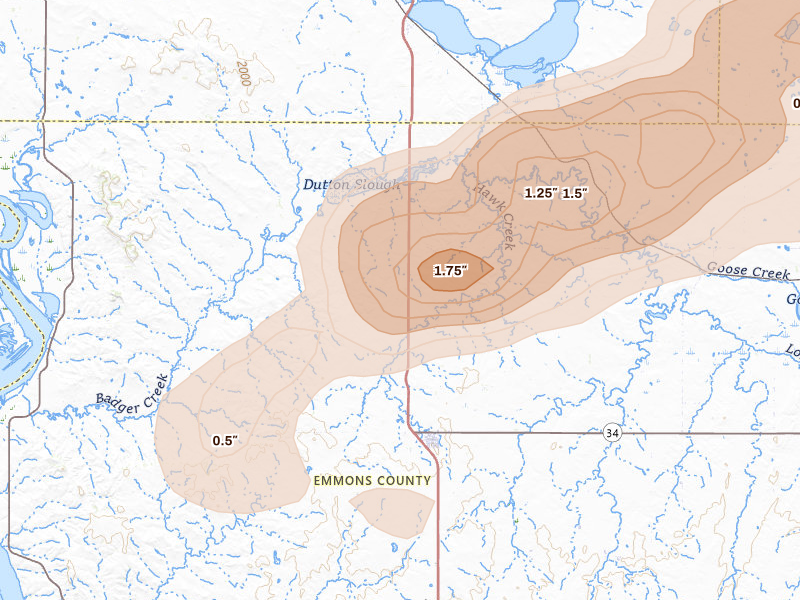 Radar-estimated hail-size map of the storm over Hazelton, ND on Aug 11, 2026