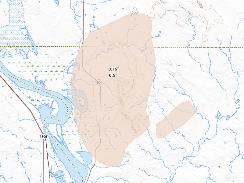 Radar-estimated hail-size map of the storm over Hazelton, ND